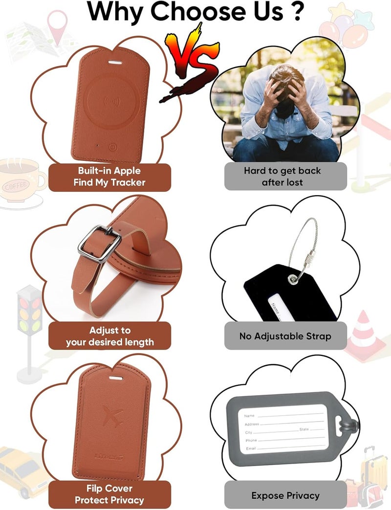 LifeChé Luggage Tags Built-in Anti-Loss Tracker, Luxury Leather Luggage Tags for Suitcase, Travel Bags, Backpacks, Travel Organizer for Lost Baggage Prevention (Brown*3 Pack) - Image 5